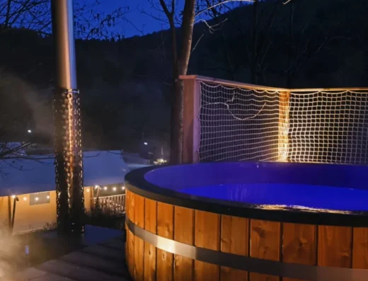 Geodesic dome and Nordic bath at Cabanes du Nideck in Alsace