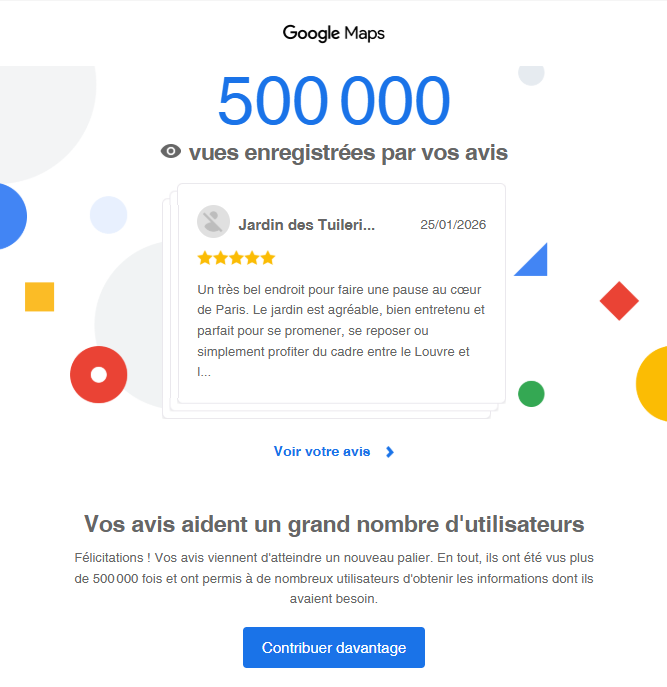 Notification Google Maps recue le 18 aout 2026 confirmant 500 000 vues cumulees sur les avis publies par Alex Arts